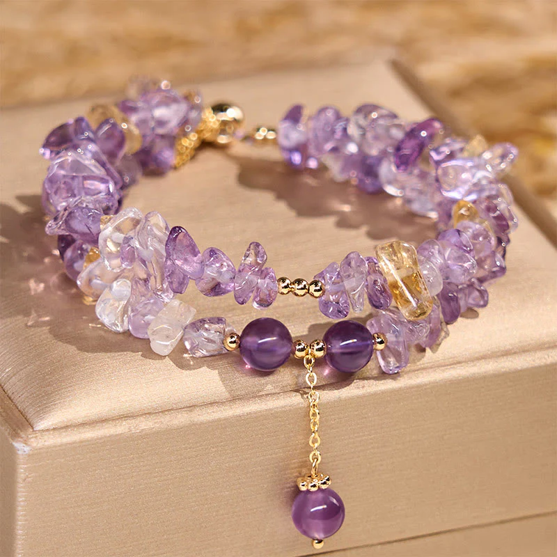 Buddha Stones Irregular Natural Amethyst Citrine Gravel Meditation Double Layer Bracelet