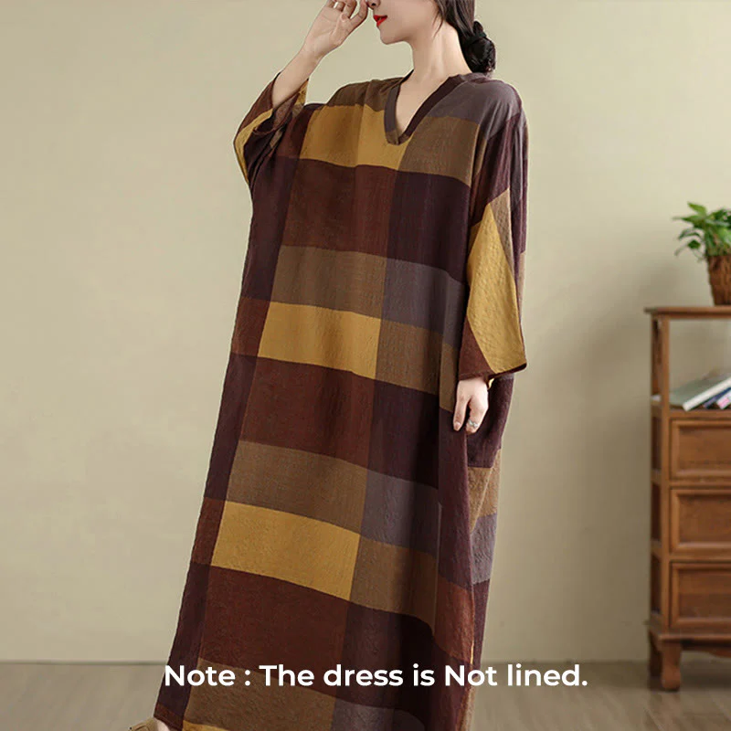 Buddha Stones Spliced Plaid Pattern Cotton Linen Women's Maxi Dress With Pockets