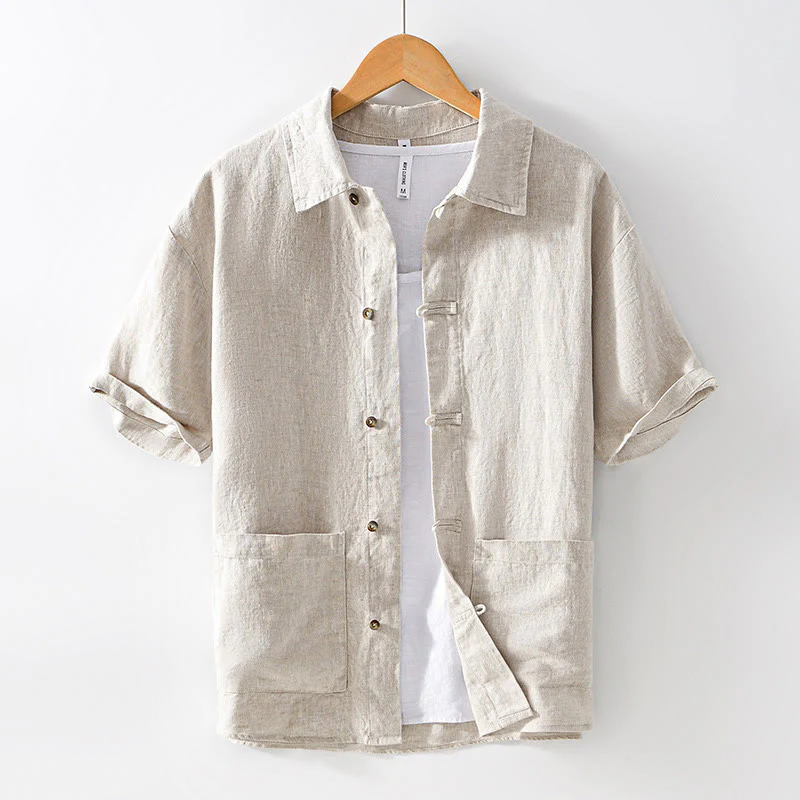 Buddha Stones Vintage Solid Color Buttons Men's Short Sleeve Linen Shirt With Pockets