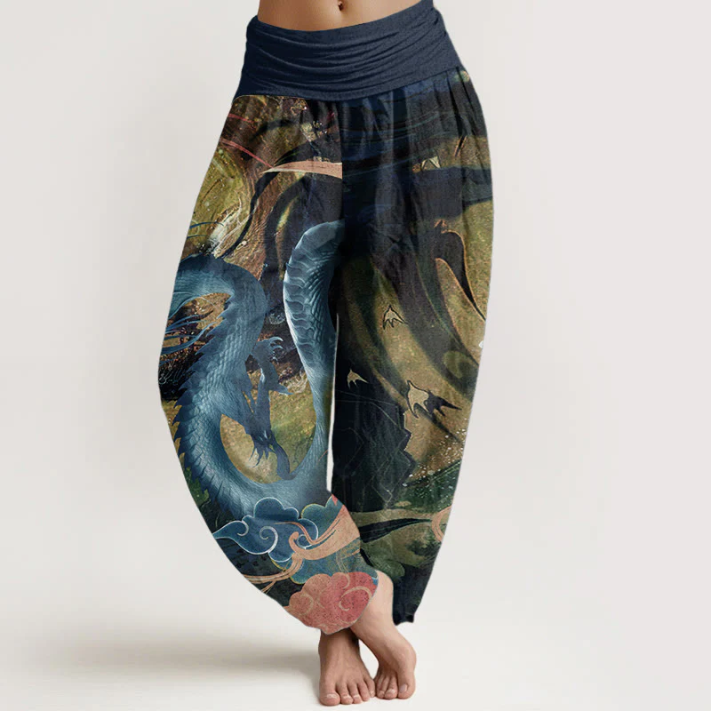 Buddha Stones Pure Cotton Dragon Auspicious Clouds Pattern Women's Elastic Waist Harem Pants