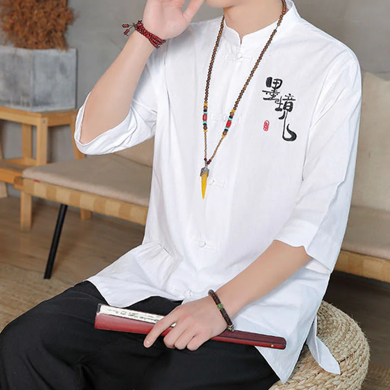 Buddha Stones Frog-Button Chinese Tang Suit Three Quarter Sleeve Cotton Linen Men's Shirt