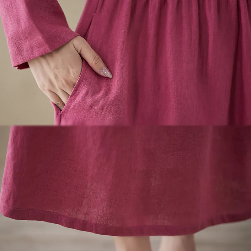 Buddha Stones Casual Plain Crew Neck Lace-up Cotton Linen Midi Dress With Pockets