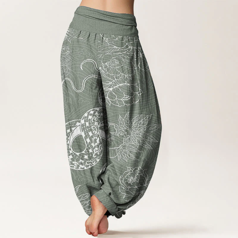 Buddha Stones Pure Cotton Snake Lotus Women's Elastic Waist Harem Pants