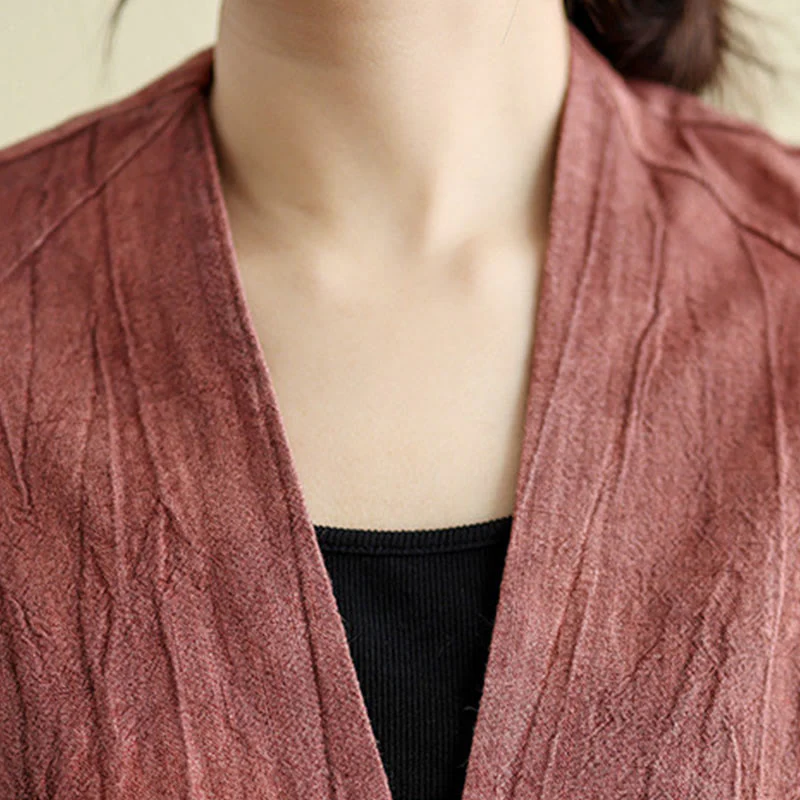 Buddha Stones Plain Long Sleeve Women's Cotton Linen Jacket With Pockets