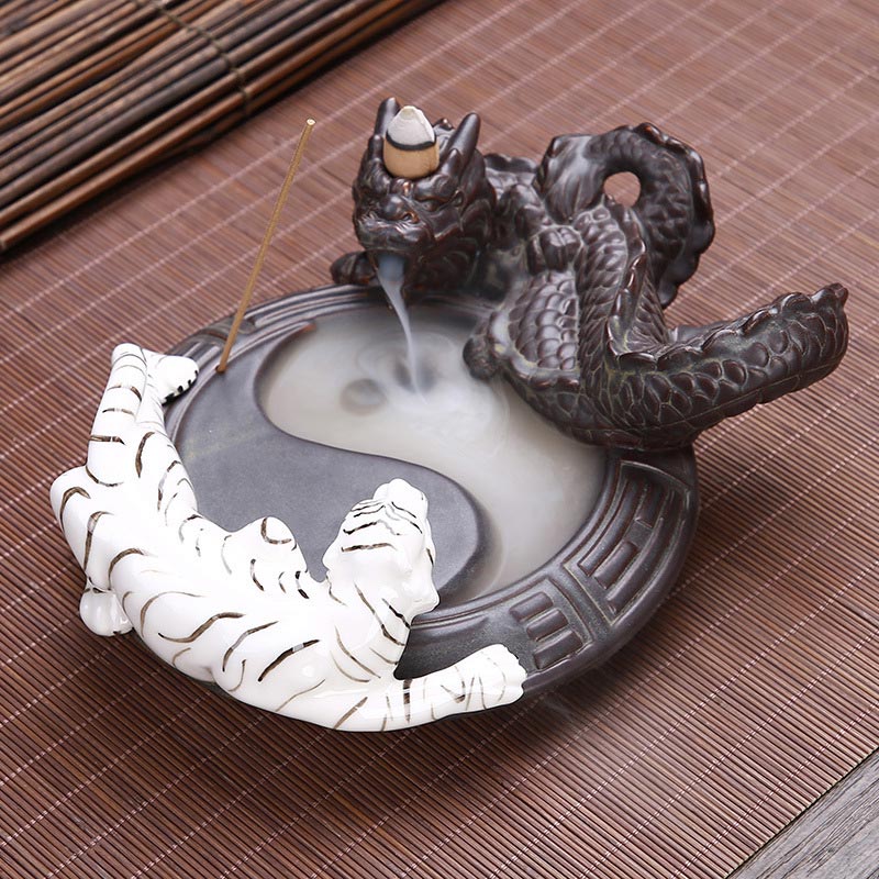 Buddha Stones Tiger Dragon Backflow Smoke Fountain Ceramic Yin Yang Blessing Incense Burner Decoration