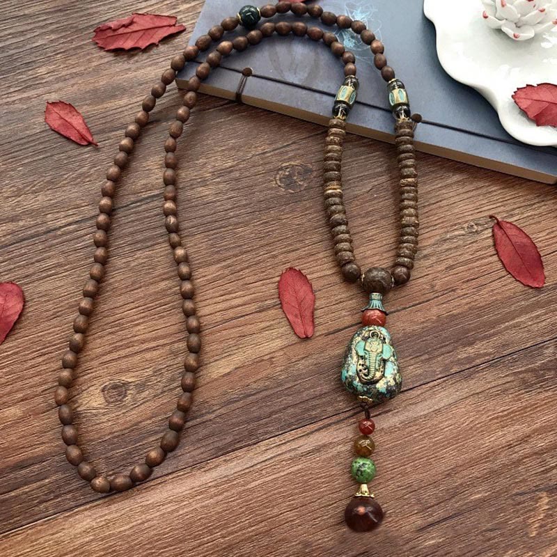 Buddha Stones Tibetan Handmade Wenge Wood Protection Dzi Bead Elephant Head Necklace Pendant