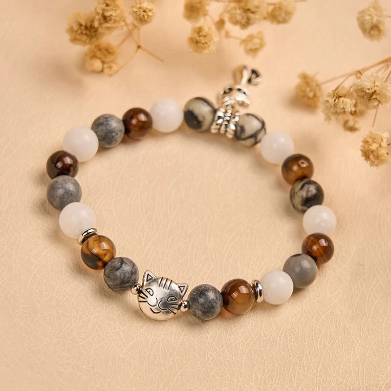 Buddha Stones Tricolor Cat Black Veined Jasper Brown Striped Agate Chalcedony Strength Bracelet