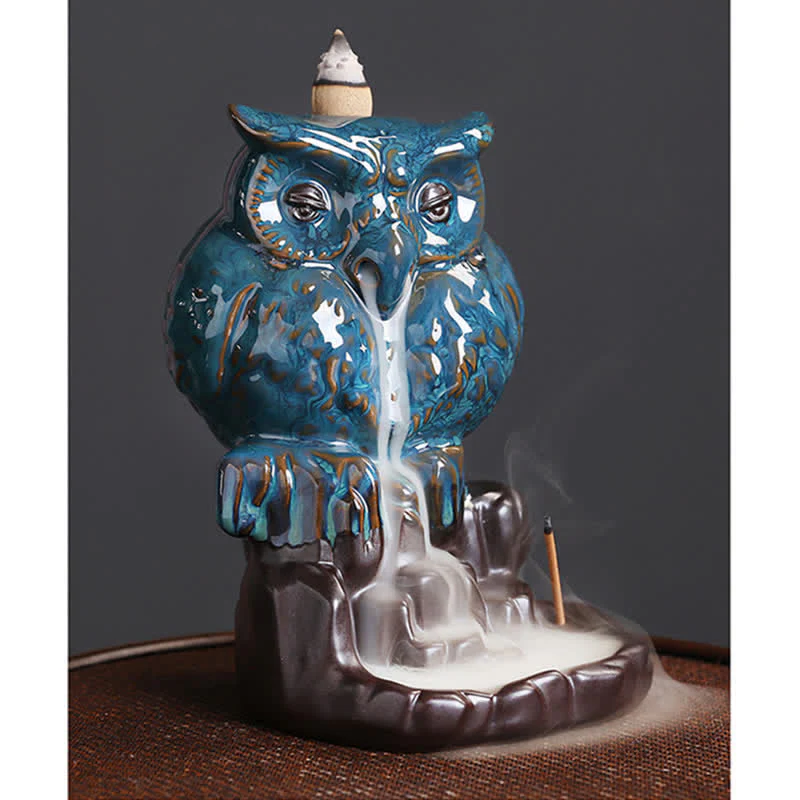 Buddha Stones Cute Owl Ceramic Backflow Smoke Fountain Meditation Healing Incense Burner Decoration