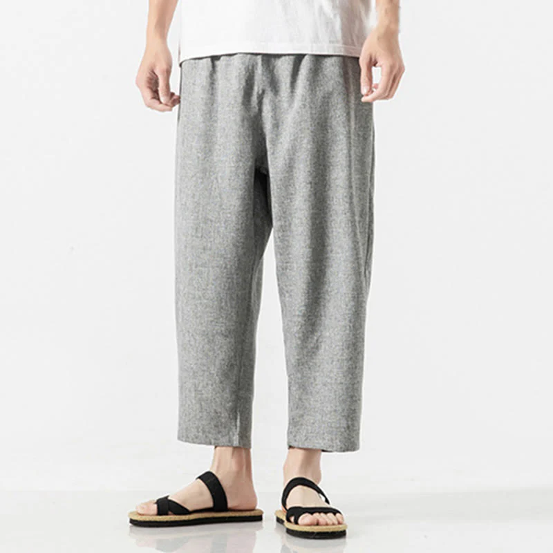 Buddha Stones Summer Plain Men's 7-8 Length Cotton Linen Pants With Pockets