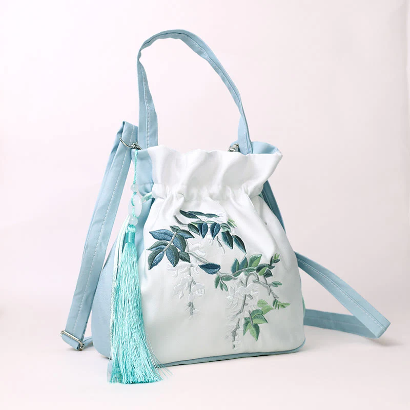 Buddha Stones Embroidered Flowers Wisteria Lily Cotton Linen Tote Crossbody Bag Shoulder Bag Handbag