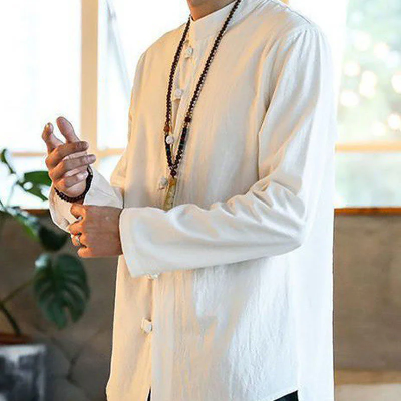 Buddha Stones Casual Stand Collar Frog-Button Long Sleeve Tang Suit Linen Men's Shirt