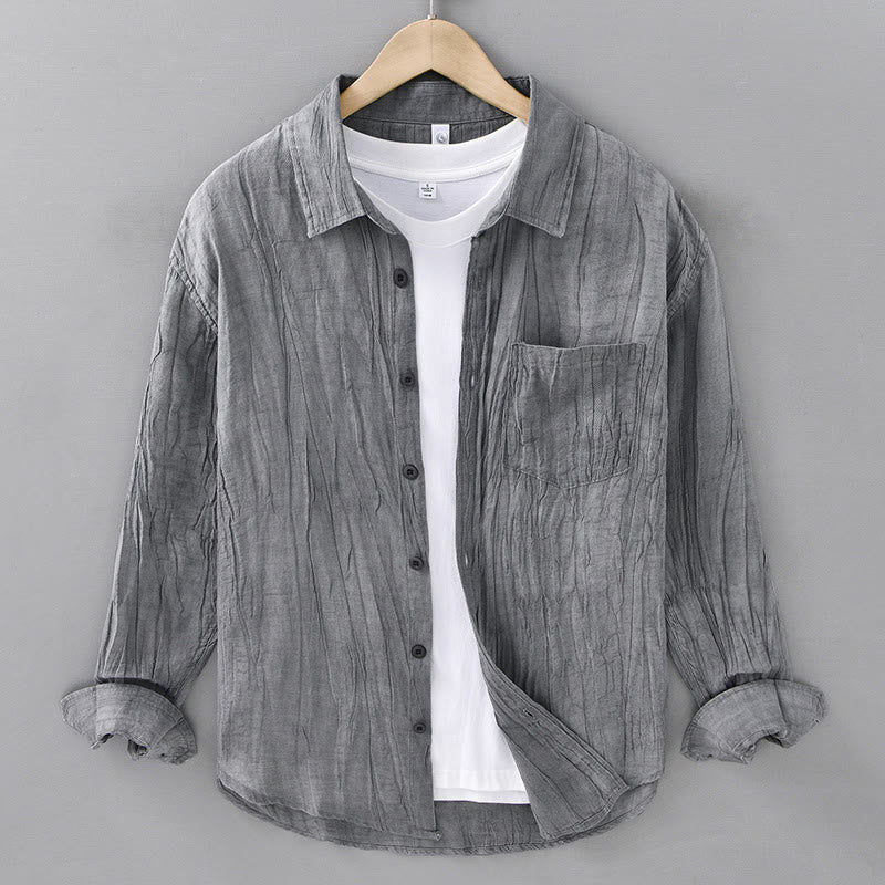 Buddha Stones Retro Pleats Buttons Men's Long Sleeve Ramie Linen Shirt With Pockets