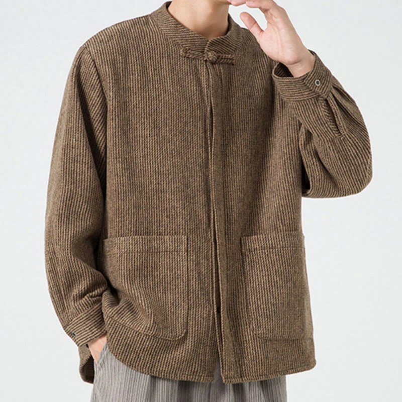 Buddha Stones Long Sleeve Frog-button Design Men's Cotton Jacket Shirt With Pockets