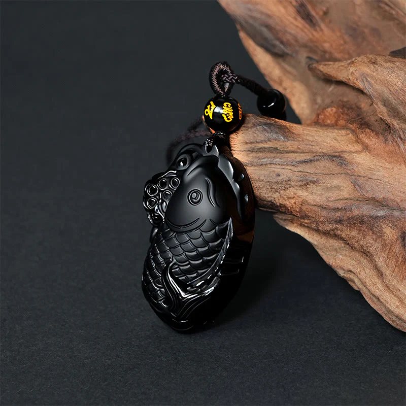 Buddha Stones Natural Black Obsidian Amphioxus Strength Necklace Pendant