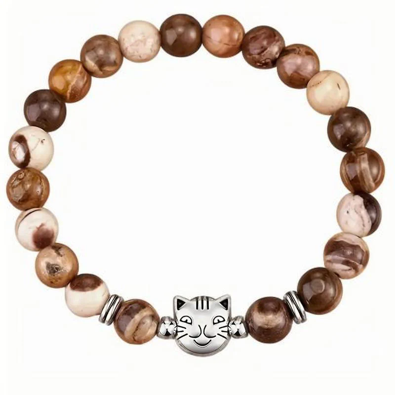 Buddha Stones Cute Cat Natural Zebra Jasper Bead Protection Bracelet