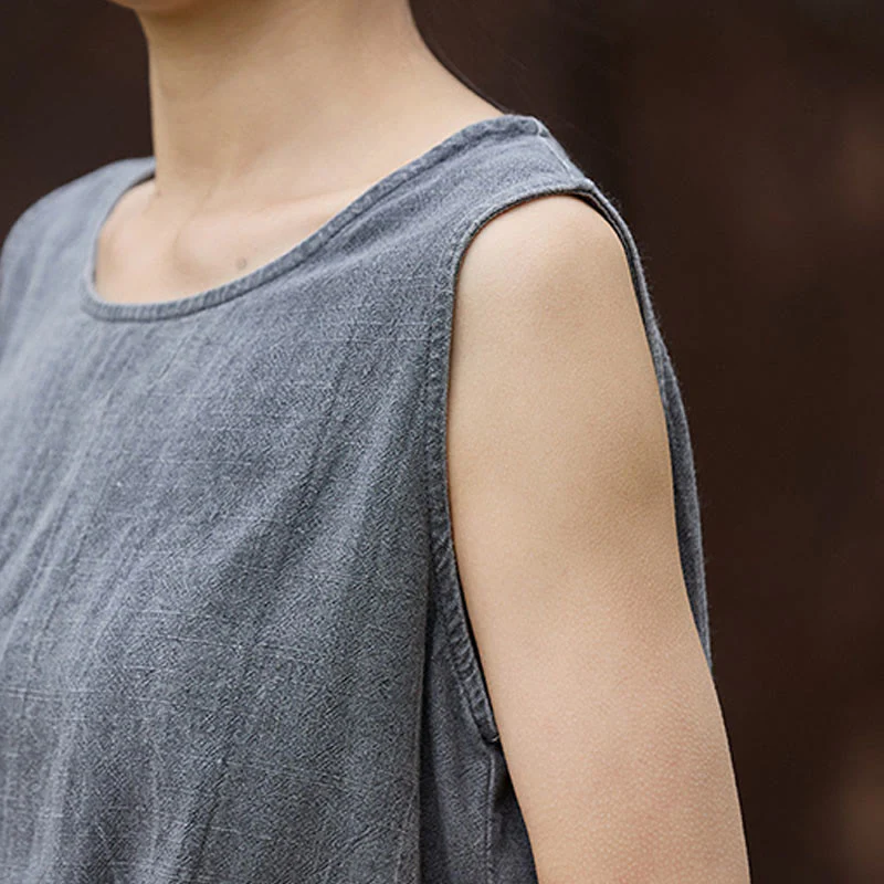 Buddha Stones Summer Tie-dye Linen Crew Neck Sleeveless Women's Vest