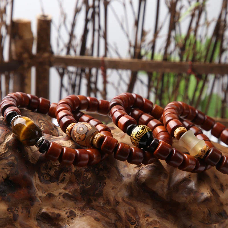 Buddha Stones Tibetan Bone Beads Three-Eyed Dzi Bead Sheep Horn Red Agate Strength Bracelet