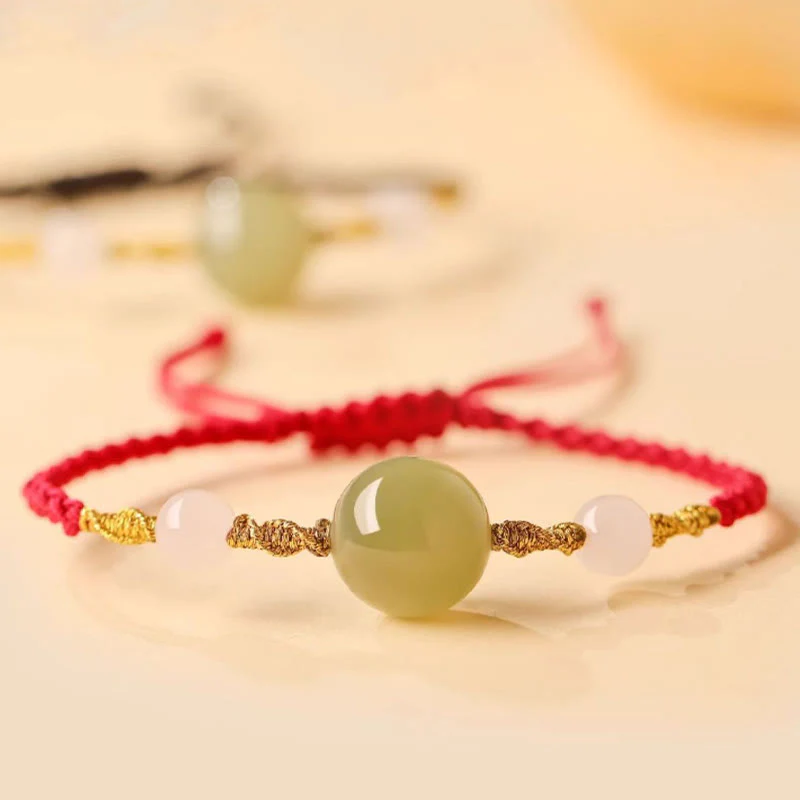 Buddha Stones Hetian Jade Black Onyx Red Agate Bead Luck Braided Bracelet