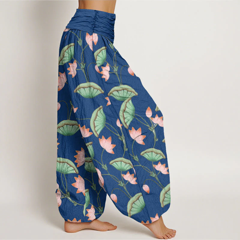 Buddha Stones Pink Lotus Flowers Lush Green Leaves Pattern Women's Elastic Waist Harem Pants