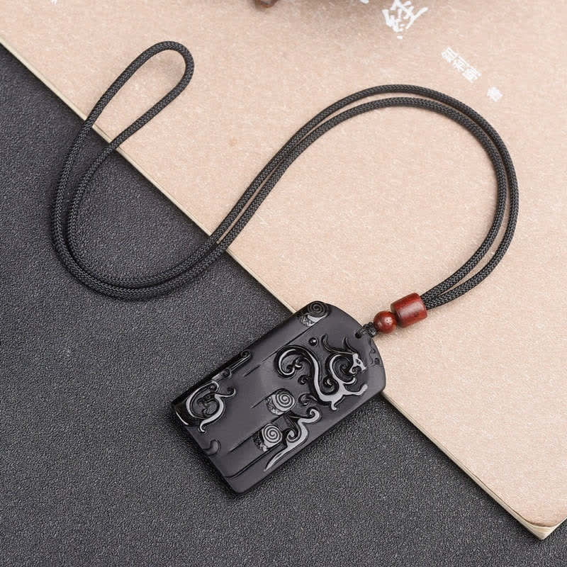 Buddha Stones Black Obsidian Dragon Phoenix Success Necklace Pendant