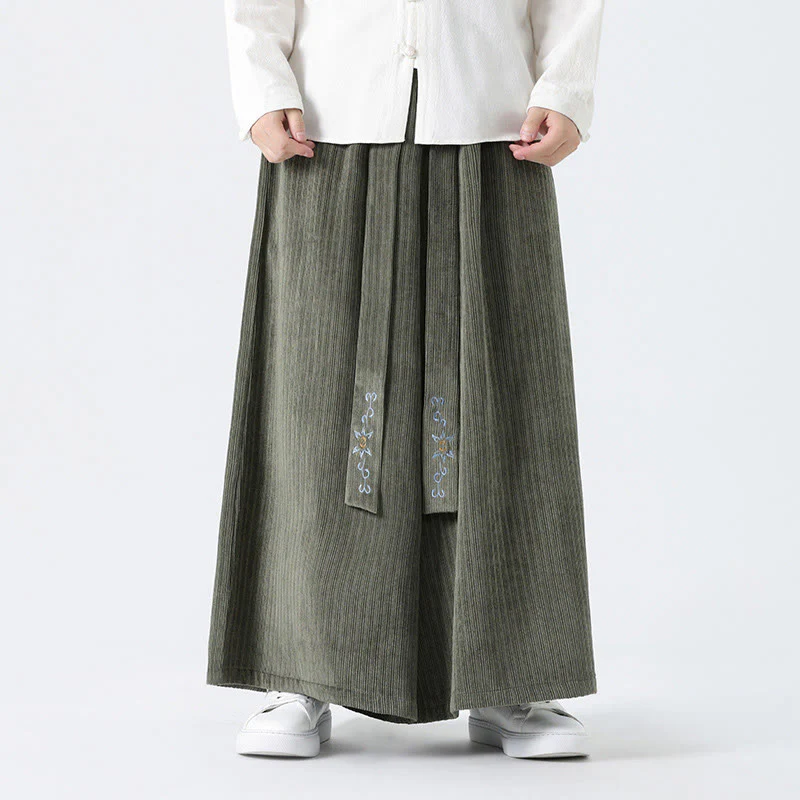Buddha Stones Casual Embroidery Drawstring Design Men's Corduroy Wide Leg Pants With Pockets