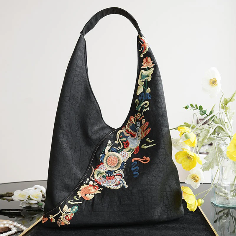 Buddha Stones Fish Flower Phoenix Embroidery Xiangyunsha Silk Shoulder Bag