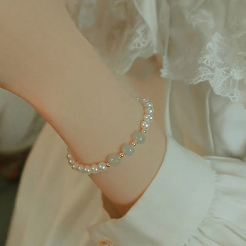 Buddha Stones 14K Gold Plated Natural Pearl Hetian Cyan Jade White Jade Sincerity Bead Chain Bracelet