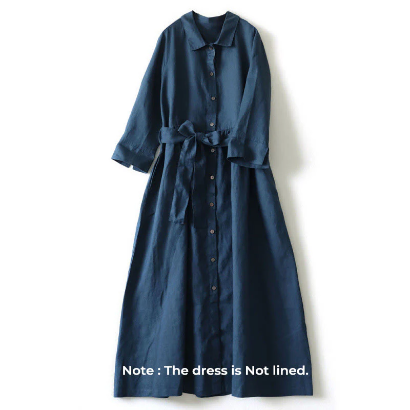Buddha Stones Casual Plain Lace-up Stand Collar Linen Midi Dress With Pockets