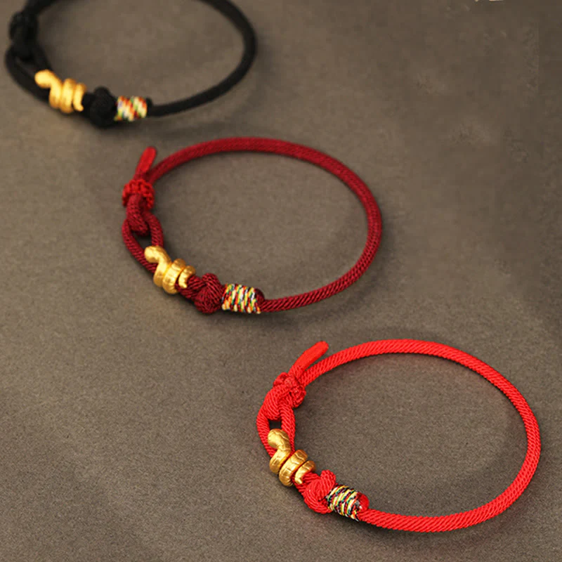 Buddha Stones 999 Gold Year of the Snake Design Handmade Luck Protection Rope Braided Bracelet