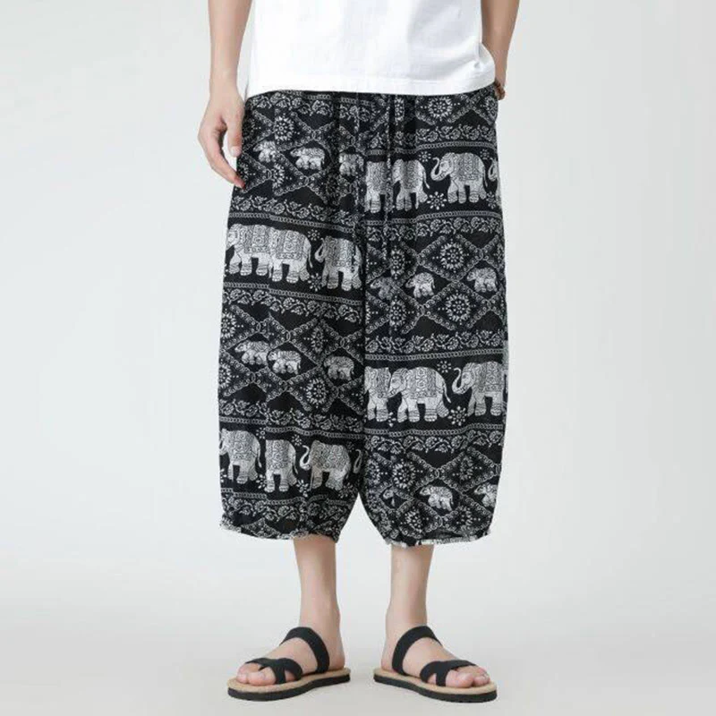 Buddha Stones Summer Square Patchwork Elephant Mandala Geometry Cotton Linen Men's 7-8 Length Pants With Pockets