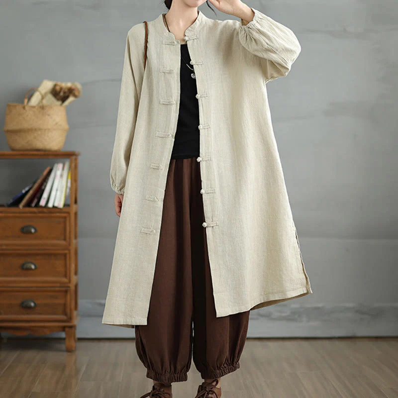 Buddha Stones Casual Frog-button Women's Cotton Linen Coat With Pockets
