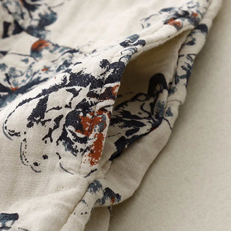 Buddha Stones Casual Small Floral Pattern Crew Neck Cotton Linen Midi Dress With Pockets