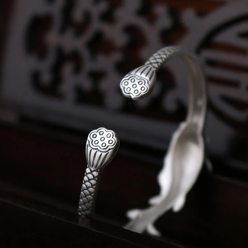 Buddha Stones 990 Sterling Silver Koi Fish Lotus Luck Wealth Bracelet Bangle