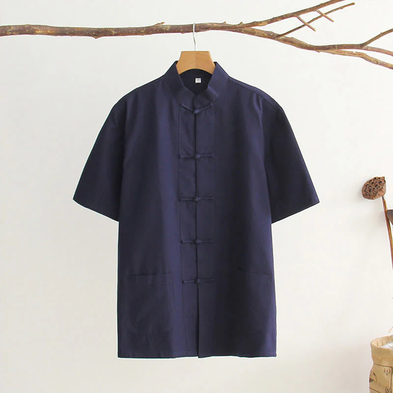 Buddha Stones Chinese Frog-Button Tang Suit Men's Short Sleeve Cotton Shirt With Pockets