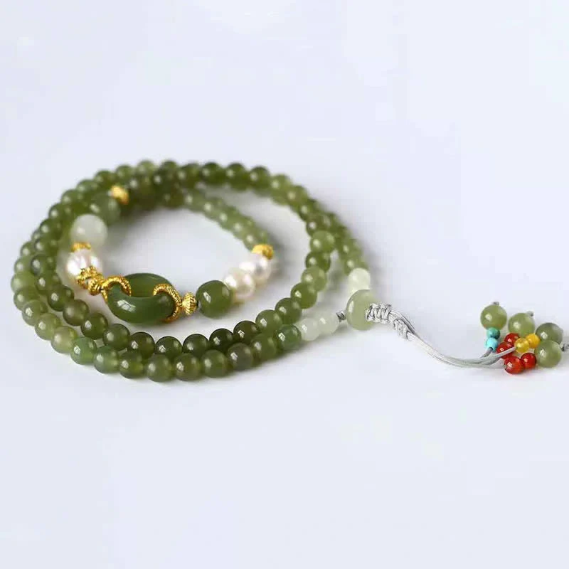 Buddha Stones Hetian Jade Pearl Peace Buckle Luck Wealth String Bracelet