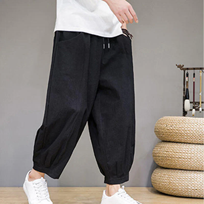 Buddha Stones Simple Cotton Men's Cropped Capri Harem Pants With Pockets