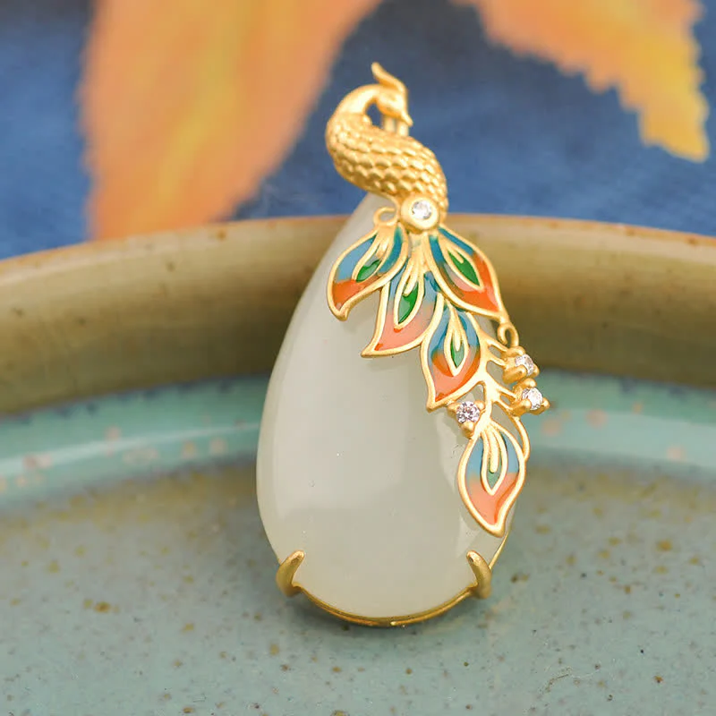 Buddha Stones White Jade Peacock Protection Necklace Chain Pendant