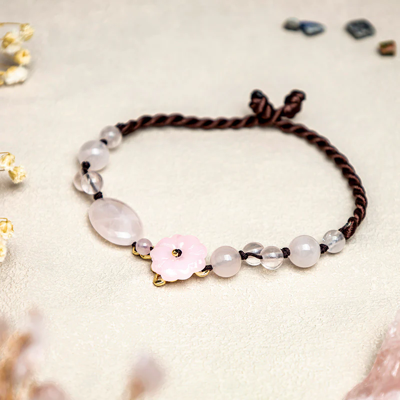 Buddha Stones The Flower of Love Pink Crystal Soothing Anklet
