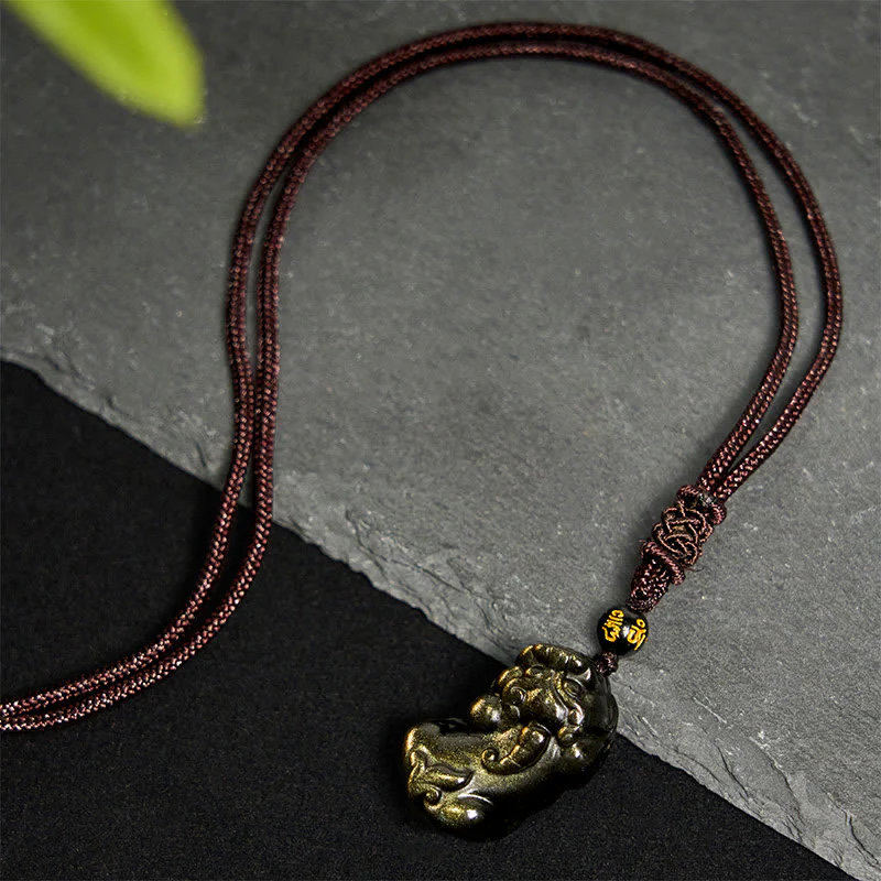 Buddha Stones Gold Sheen Obsidian PiXiu Wealth Rope Necklace Pendant