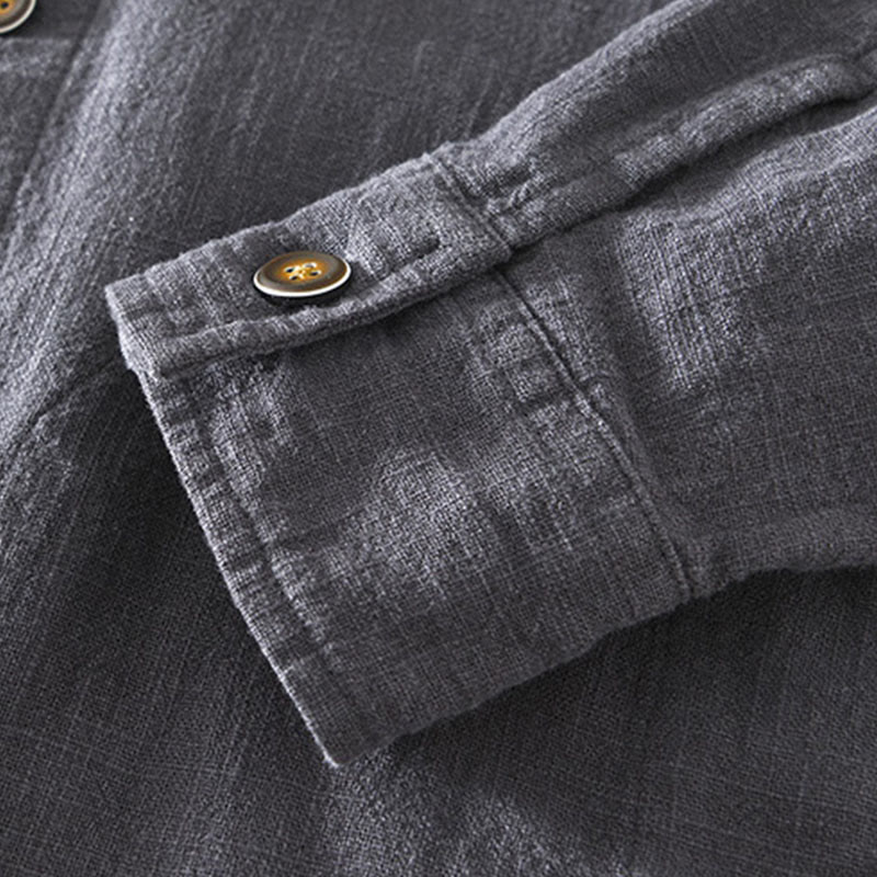 Buddha Stones Casual Plain Simple Buttons Design Men's Long Sleeve Ramie Linen Jacket With Pockets