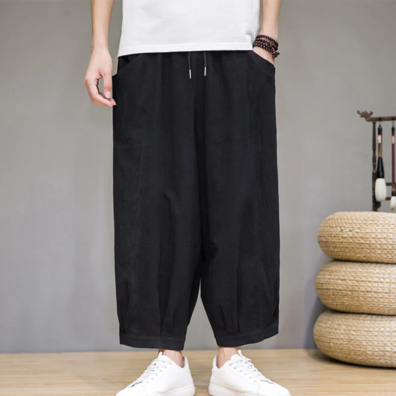 Buddha Stones Simple Cotton Men's Cropped Capri Harem Pants With Pockets