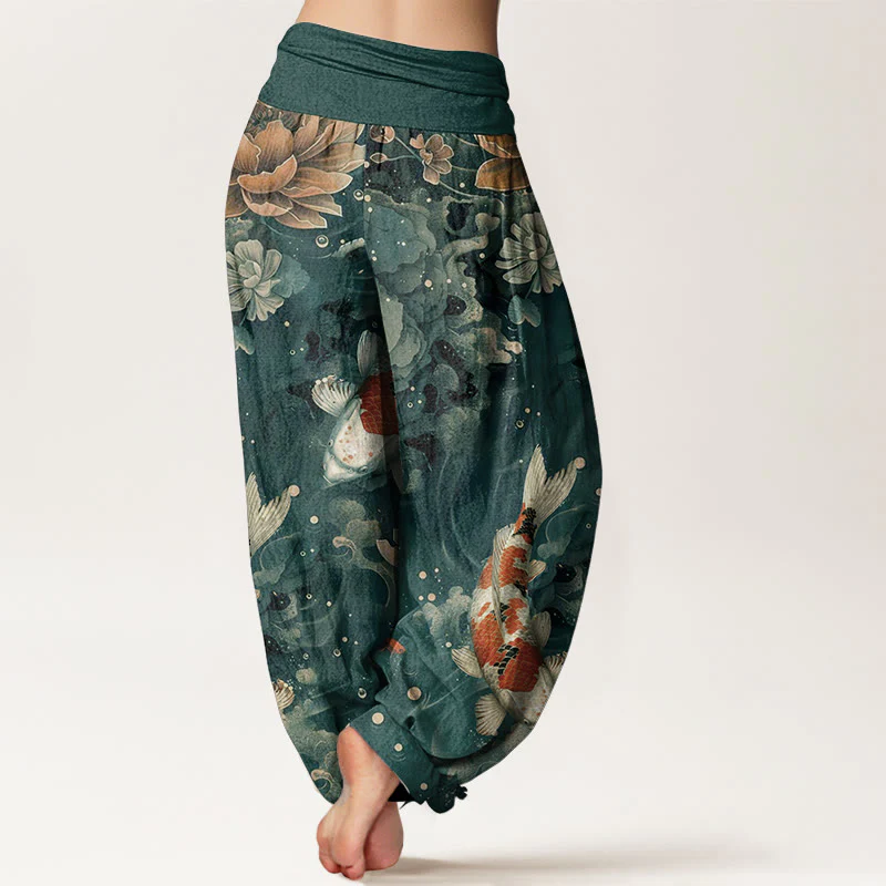 Buddha Stones Pure Cotton Colorful Koi Fish Lotus Flowers Design Women's Elastic Waist Harem Pants