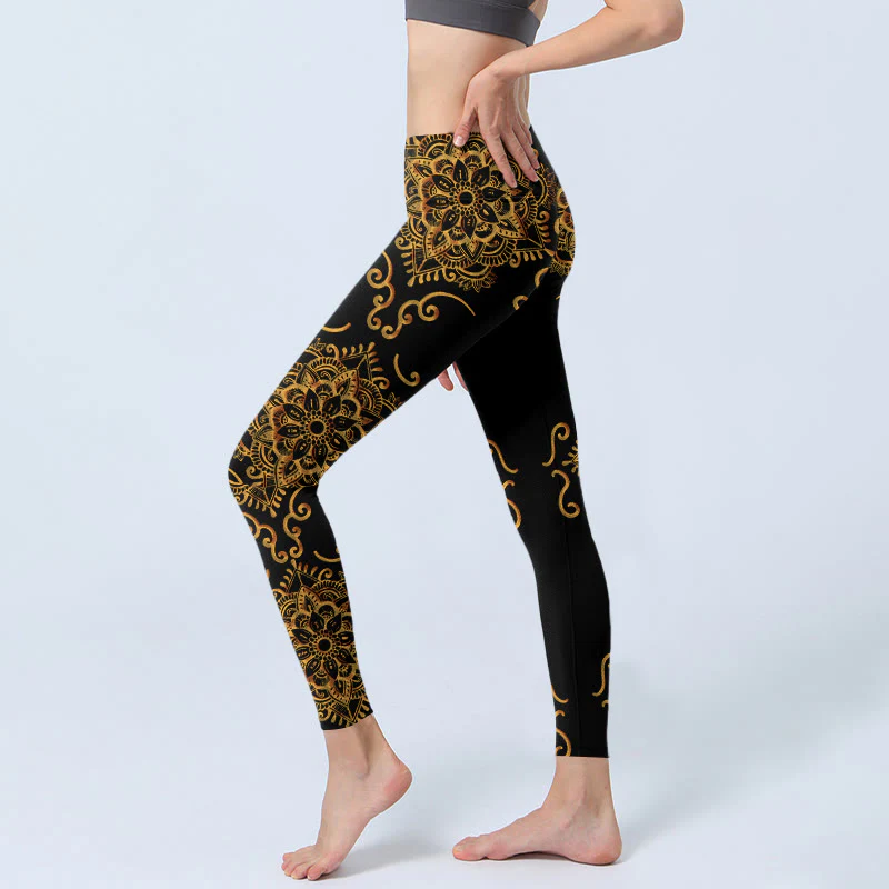 Buddha Stones Golden Mandala Flowers Print Gym Leggings Women's Yoga Pants
