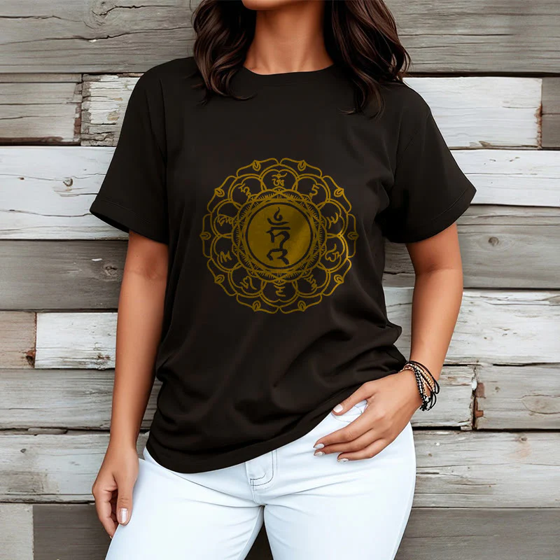 Buddha Stones Casual Hum Symbol Vishuddha Pattern Cotton Tee T-Shirt