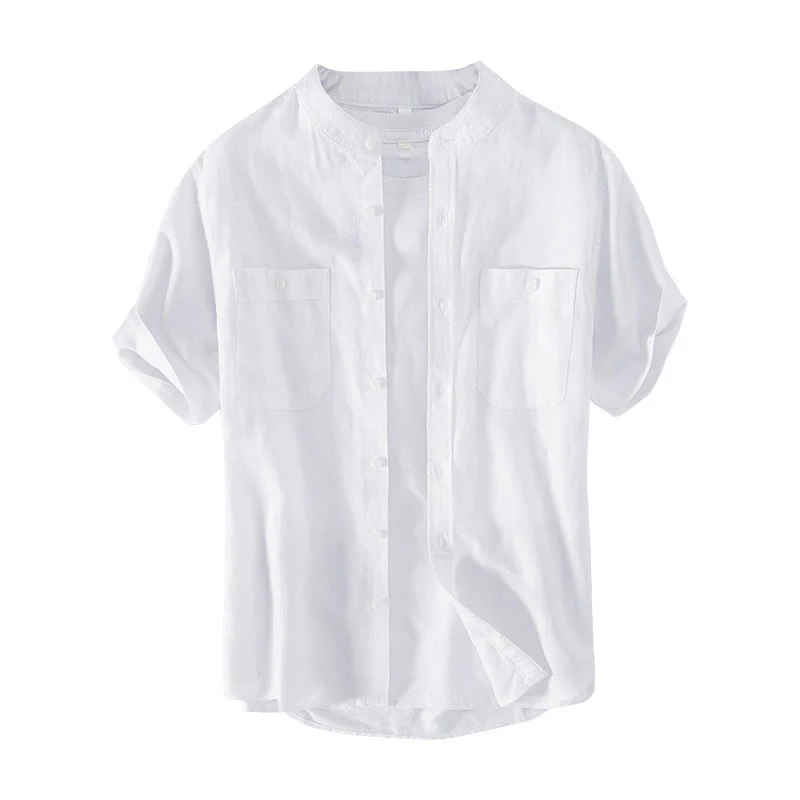 Buddha Stones Casual Daily Simple Buttons Design Stand Collar Men's Short Sleeve Cotton Linen Shirt With Front Pockets