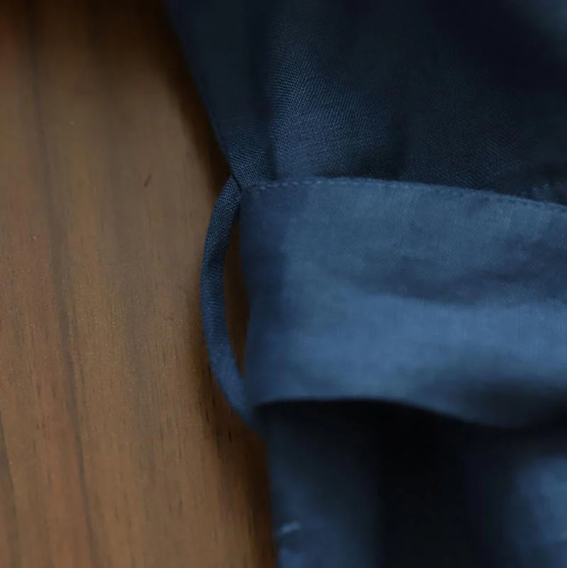 Buddha Stones Casual Plain Lace-up Stand Collar Linen Midi Dress With Pockets