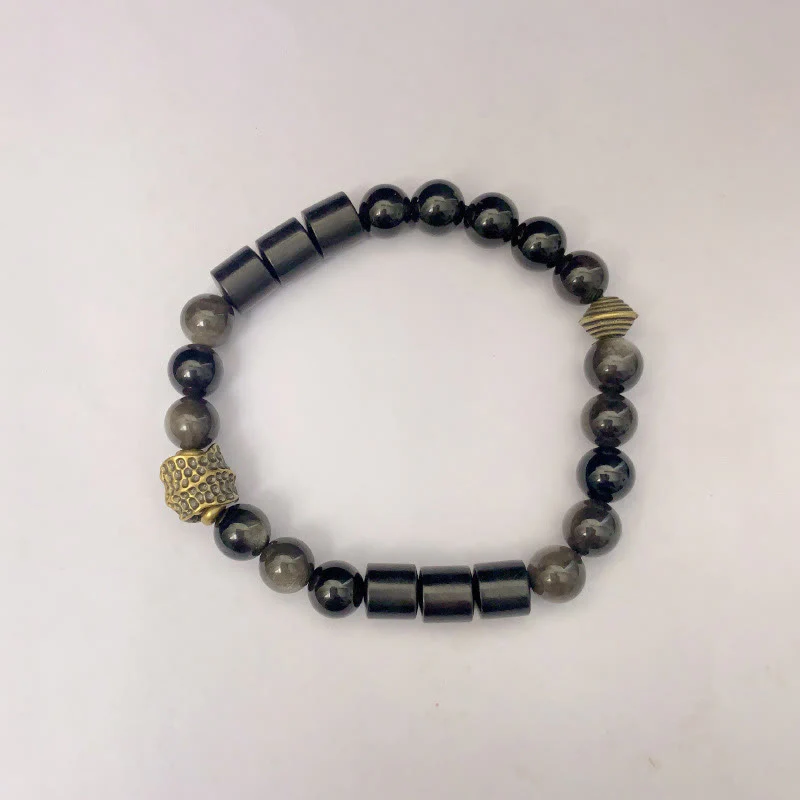 Buddha Stones Silver Sheen Obsidian Ebony Protection Bracelet