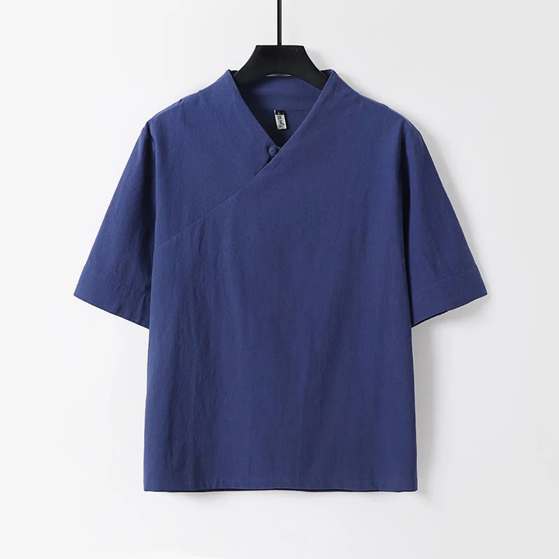 Buddha Stones 2Pcs V-Neck Cotton Half Sleeve Shirt Pants With Pockets Men's Meditation Cloth Set