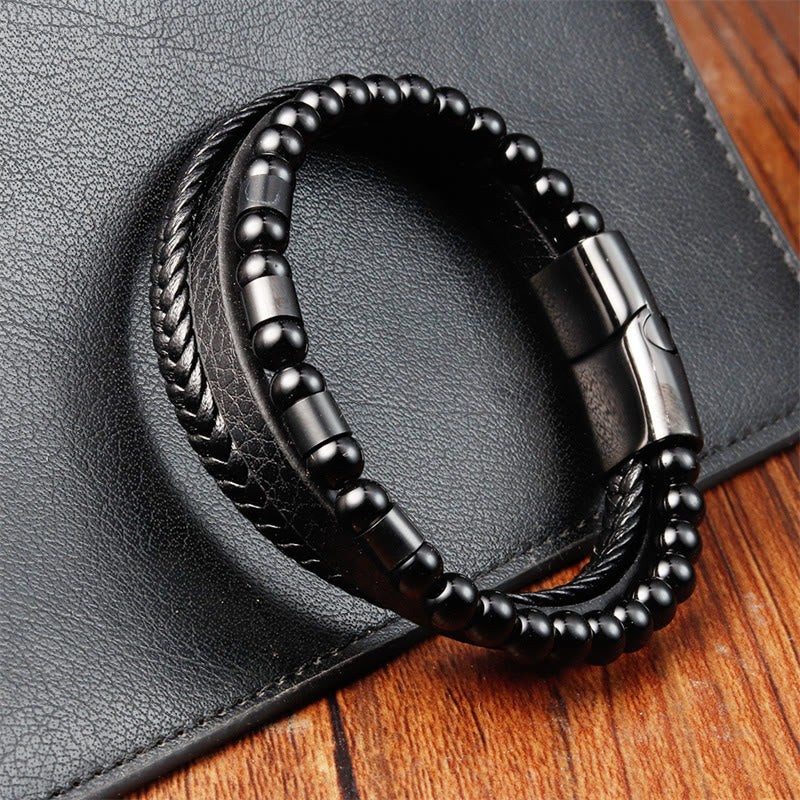 Buddha Stones Frosted Stone Multi-layer Leather Titanium Steel Balance Buckle Bracelet