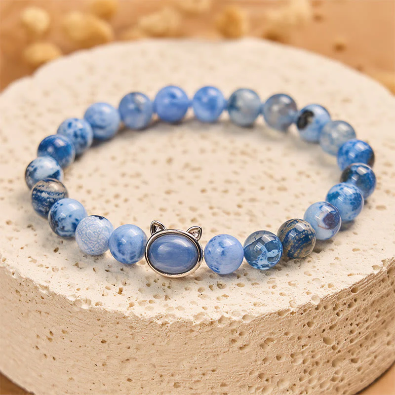 Buddha Stones Natural Cat Head Blue Agate Kyanite Protection Bracelet